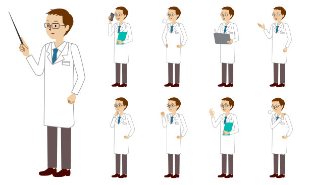医护人员(医生)字符集在9位姿态孤立矢量插图图片下载