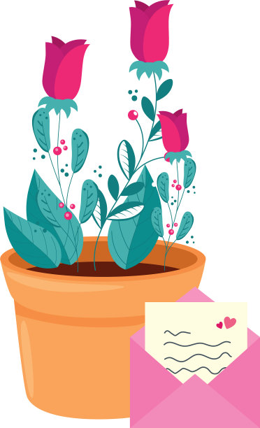 玫瑰花盆栽植物与信封图片下载