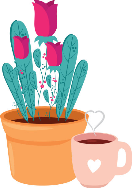 杯咖啡与玫瑰花盆栽植物隔离图片下载