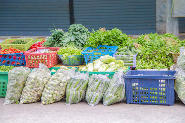 市场上的亚洲新鲜蔬菜店在路边排起了长队。图片下载