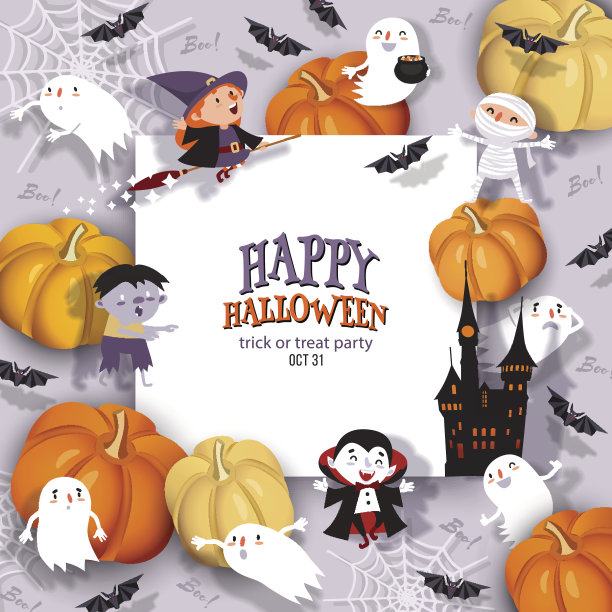 万圣节横幅有女巫，吸血鬼，幽灵，蝙蝠，南瓜。方形框架图片下载