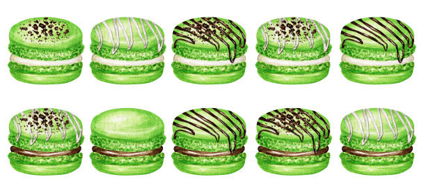 手绘水彩法式马卡龙蛋糕套装。青果酥饼甜点孤立在白色背景的彩色薄荷开心果杏仁饼干，甜甜的香草巧克力装饰图片下载