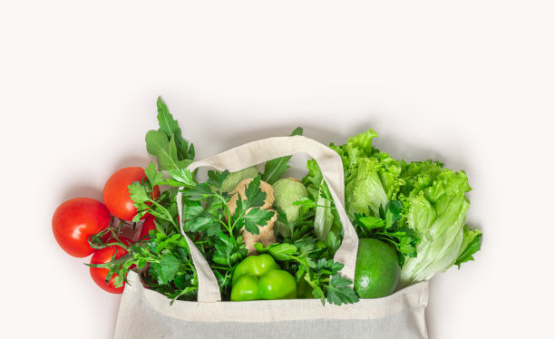 白色背景上有各种新鲜有机蔬菜的纺织环保袋图片下载