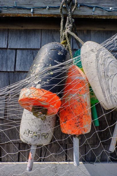 五颜六色的龙虾彩车装饰着缅因州海岸的木制龙虾码头图片下载