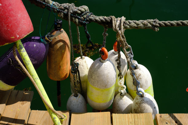 五颜六色的龙虾彩车装饰着缅因州海岸的木制龙虾码头图片下载