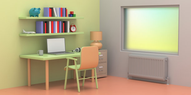学生房内部，课桌在一个色彩柔和的房间里，暖气暖气片在墙上。三维演示图片下载