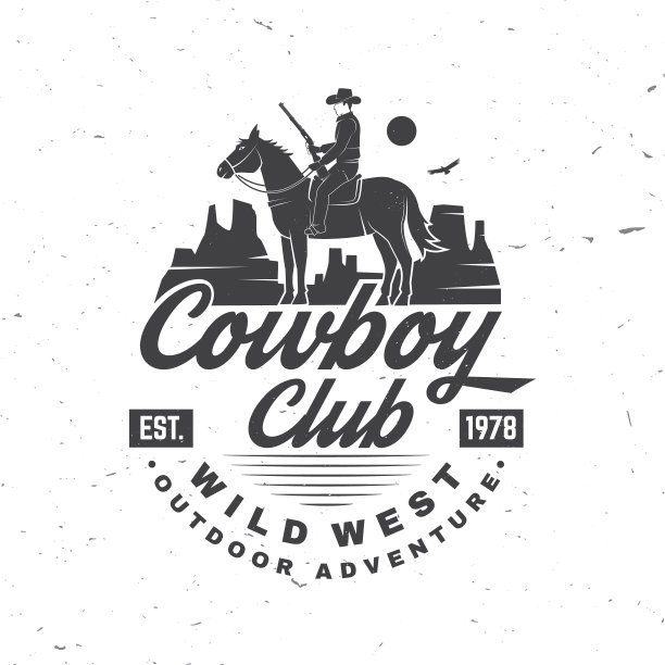 牛仔俱乐部徽章。牧场马术竞技会。向量。概念衬衫，标志，印花，邮票，t恤与牛仔和猎枪。复古的排版设计与狂野的西部和西部步枪轮廓。图片下载