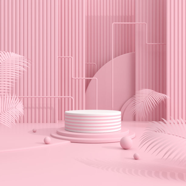 圆形平台和厂房的最小模拟场景，产品展示。建筑设计与几何在柔和的颜色。3 d渲染。图片下载