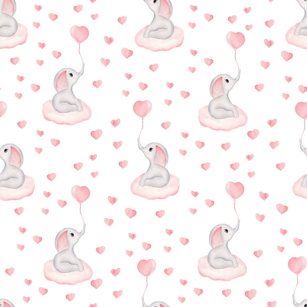 小女孩大象动物和粉色心形水彩无缝图案。用于织物、纺织品和育婴室的数码纸。图片下载