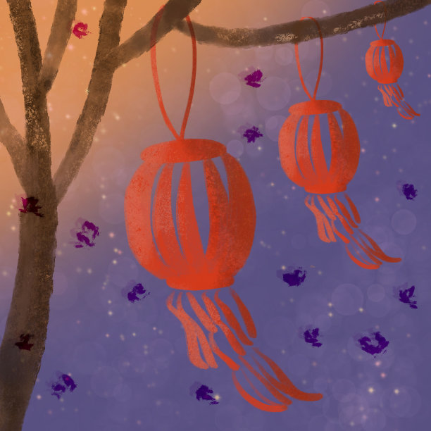 日落时分，红红的灯笼挂在树上。插图。手绘。包装，马克杯，文具，明信片，印刷，纺织品设计图片下载