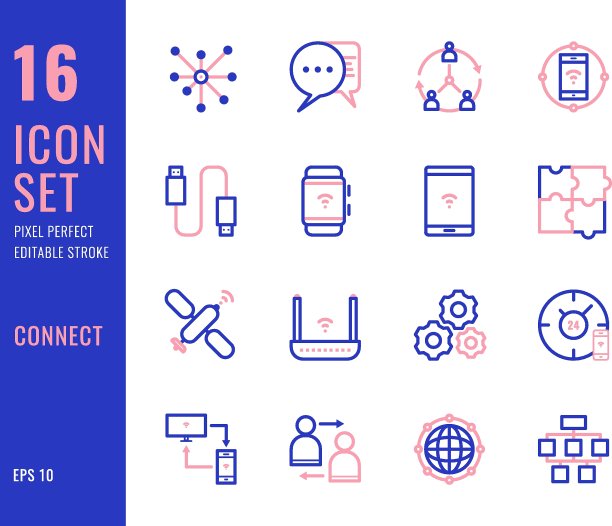 一组16个图标连接相关的细线样式图片下载