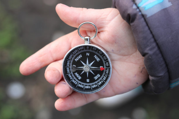 古老的经典指南针在孩子的手在自然背景图片下载