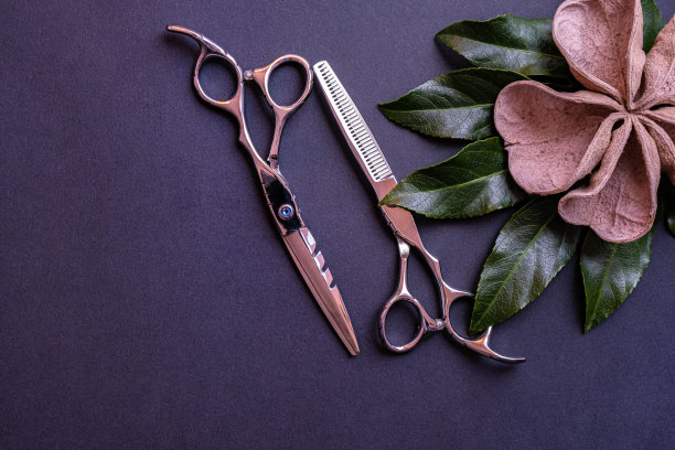 一把由木头制成的理发师用剪刀和装饰品放在有纹理的背景上图片下载