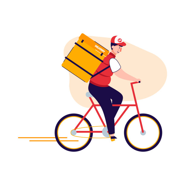 背着外卖背包的快递员骑自行车送餐图片下载