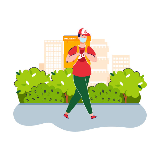 戴口罩的快递员背着外卖背包行走图片下载