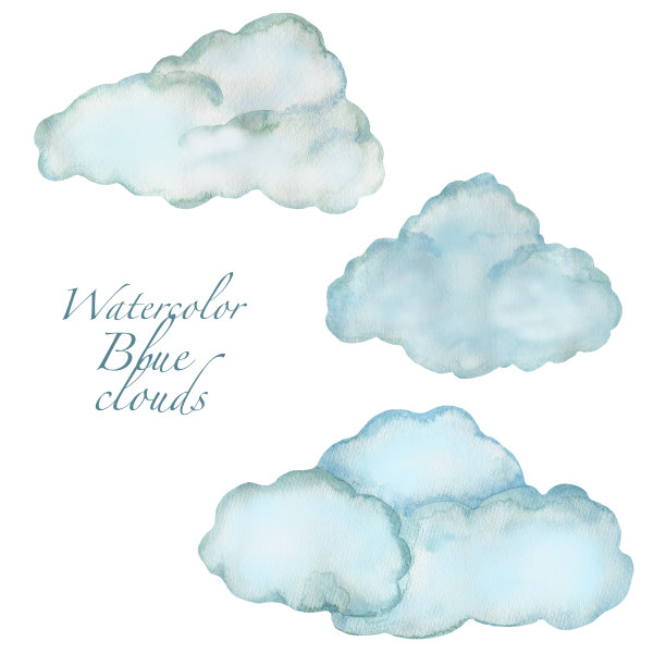 一套蓝色云彩的水彩插图。手绘水彩，适用于所有类型的设计和印刷。图片下载