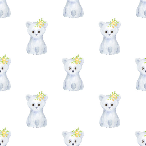 无缝图案与可爱的动物在一个白色的背景。手绘水彩插图。图片下载