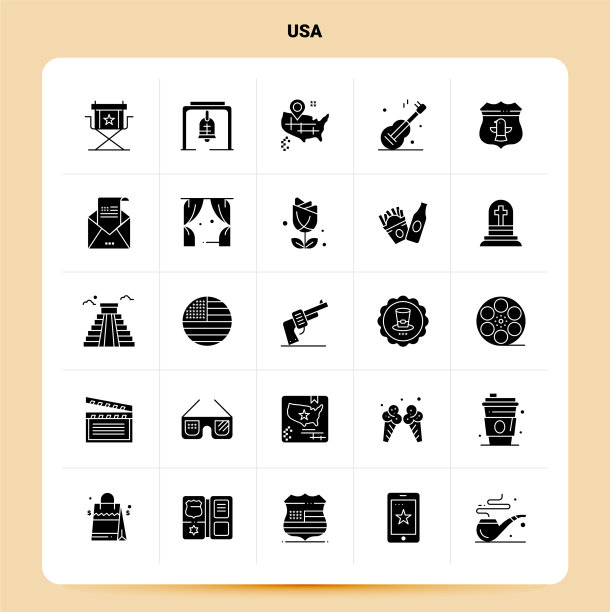 固体25美国图标设置字形风格设计黑色图片下载