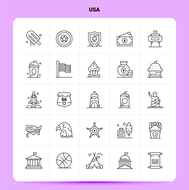 轮廓25美国图标设置线条风格设计黑色图片下载