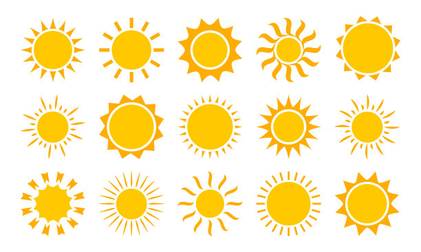 太阳图标，夏季设置。黄色和橙色，不同的形状。向量集合图片下载