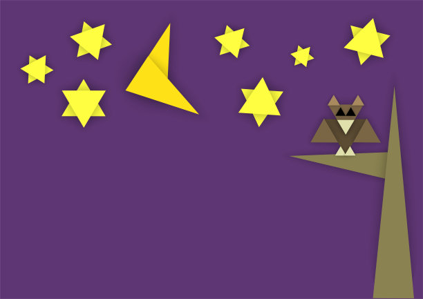 黄色的月亮在夜空和星星，猫头鹰坐在树枝上，矢量背景在抽象风格的纸切割三角形与空的复制空间素材图片