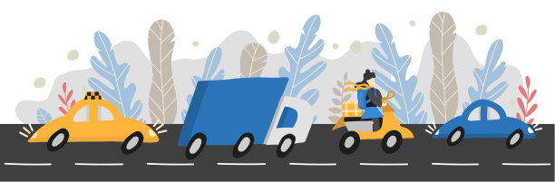 矢量插图与汽车水平。出租车，卡车，骑摩托车的快递员，小汽车。交付和运输符号。网站的标题为运输公司的一套风格。图片下载