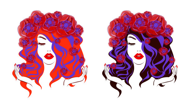 美丽的女人脸蛋红红的嘴唇，手上涂着红色的指甲，长长的卷发，时髦的发型。美丽的标志。矢量插图，花冠，花卉动机，水疗沙龙，指甲工作室。图片下载