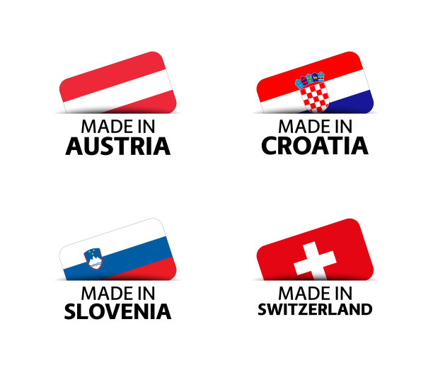 一套四种奥地利、克罗地亚、斯洛文尼亚和瑞士贴纸。奥地利制造、克罗地亚制造、斯洛文尼亚制造和瑞士制造。简单的图标与旗帜隔离在一个白色的背景图片下载