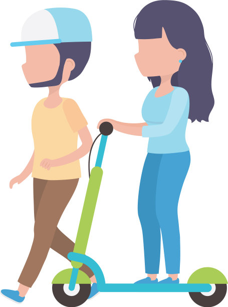 年轻女子骑电动车，男子步行图片下载