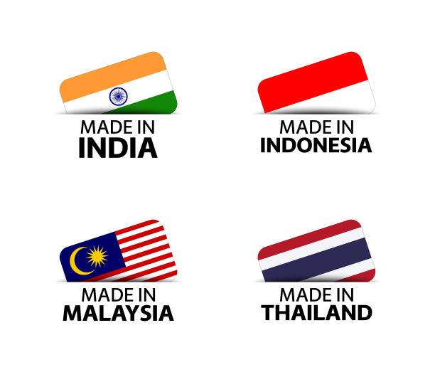 一套四张印度、印尼、马来西亚和泰国贴纸。印度制造、印尼制造、马来西亚制造和泰国制造。白色背景上孤立的简单旗帜图片下载