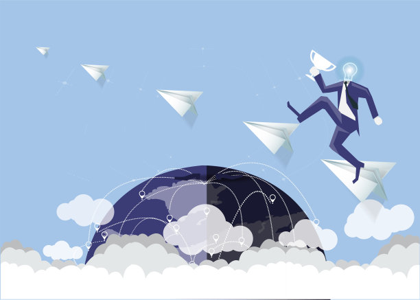 商人步伐跳跃为成功与地球，云，纸火箭折叠-创意现代的想法和概念。图片下载