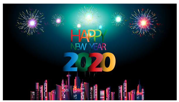新年快乐2020文字-霓虹风格多彩的-城市中的建筑-现代的想法和概念矢量插图。图片下载