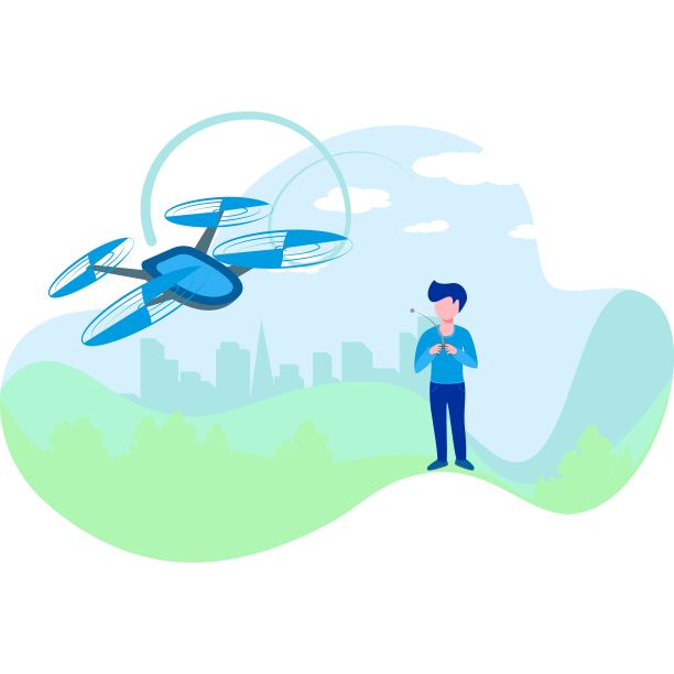 在公园里玩无人机的扁平男孩。图片下载