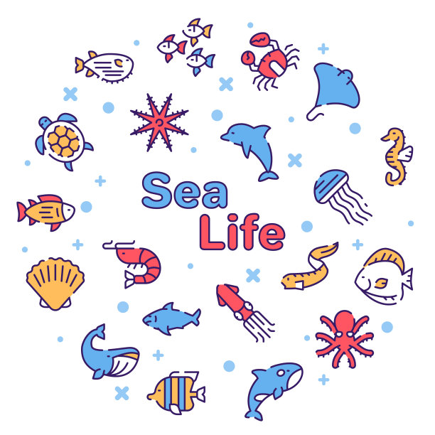 矢量彩色线性图标圆形海洋生物的概念集图片下载