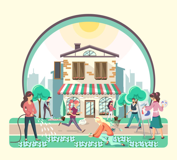 不同的人在公园里散步。山村风景。平面风格矢量插图图片下载