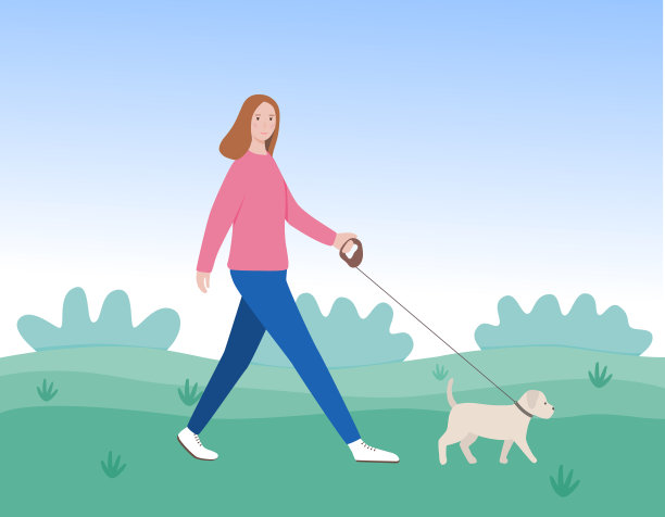 一个女孩牵着一条狗散步。一个年轻女子和她的宠物在大自然中的照片。图片下载