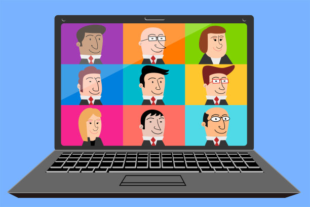 会议视频电话笔记本电脑。一组同事进行远程隔离，在家隔离病媒图片下载