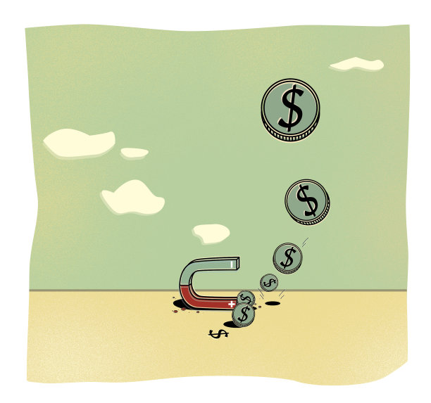 1美元硬币从天上掉下来，被磁铁吸引。生意是正负。收入和费用。插图。图片下载