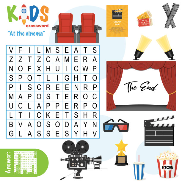 简单的单词搜索填字游戏“在电影院”图片下载