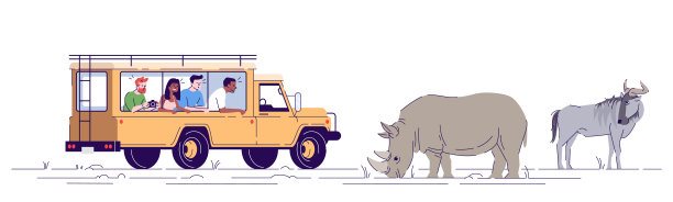 Safari旅行平面涂鸦插图。人们在货车上观察和拍摄野生动物。野生动物保护公园。印度尼西亚旅游2D卡通人物与商业用途的大纲图片下载