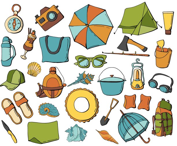 大夏天设置在白色孤立的背景。图片下载