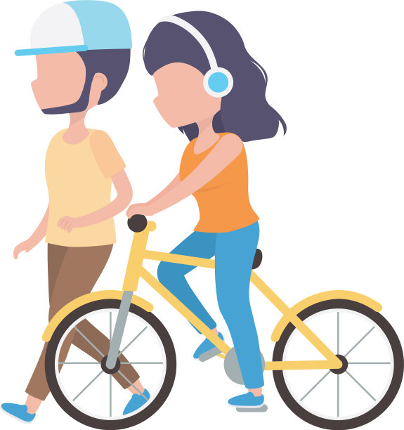 男人走路，女人戴着耳机骑自行车图片下载