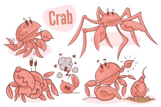 一套卡通手绘螃蟹。海洋生物插图。向量。图片下载