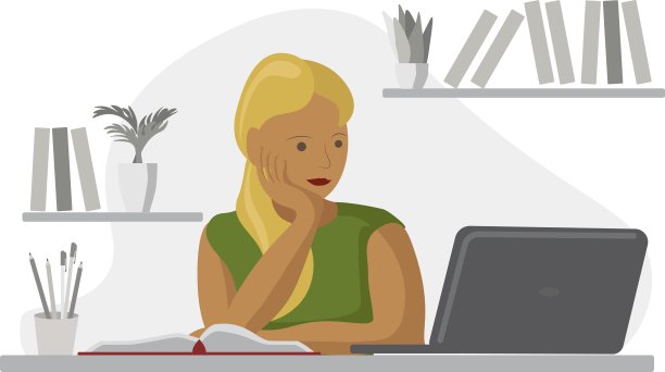 矢量平面插图的一个女孩坐在桌子上做作业在网上笔记本电脑，而阅读一本书。它可以在电脑上远程工作。图片下载
