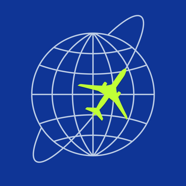 旅游标志图标与白色的地球仪和绿色的飞机在蓝色的背景。图片下载