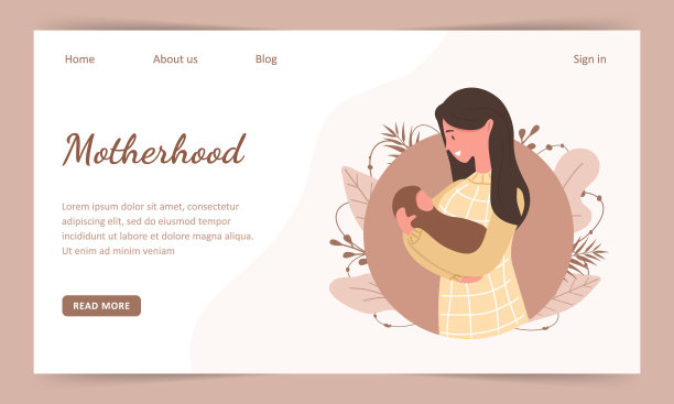 母亲。女人抱着一个孩子。Landind页面模板。现代平面风格矢量插图孤立在软背景。图片下载