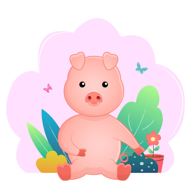 可爱的小猪坐着，以自然为背景，矢量插画设计图片下载