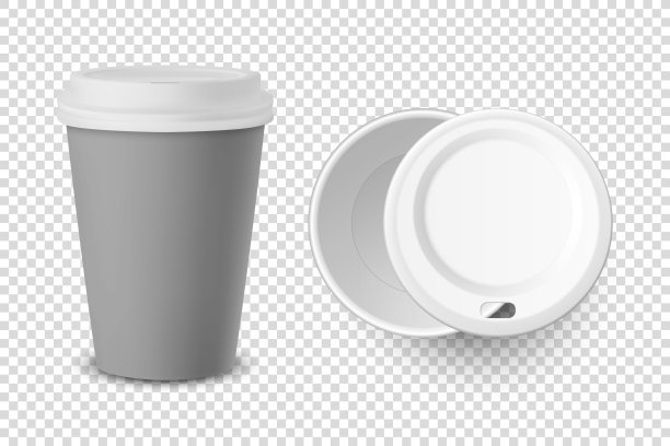 矢量3d现实灰色一次性关闭和打开纸，塑料咖啡杯的饮料与白色盖子设置特写孤立在透明的背景。设计模板模型。顶视图和前视图图片下载