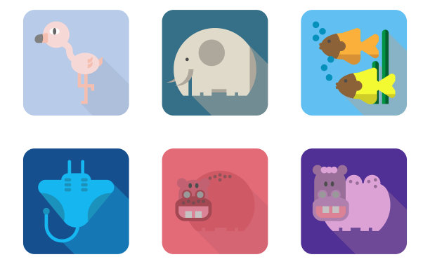 标志从动物园和水族馆的动物，火烈鸟，大象，鱼，蝠鲼，河马，骆驼图片下载