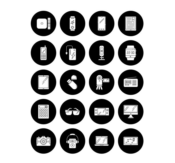 移动设备字形图标集。手持小型电子产品。技术。智能手机,电脑。电子阅读器。相机。袖珍数码工具。矢量白色轮廓插图在黑色的圆圈图片下载